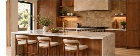 Luxury kitchen with marble island and wood cabinets