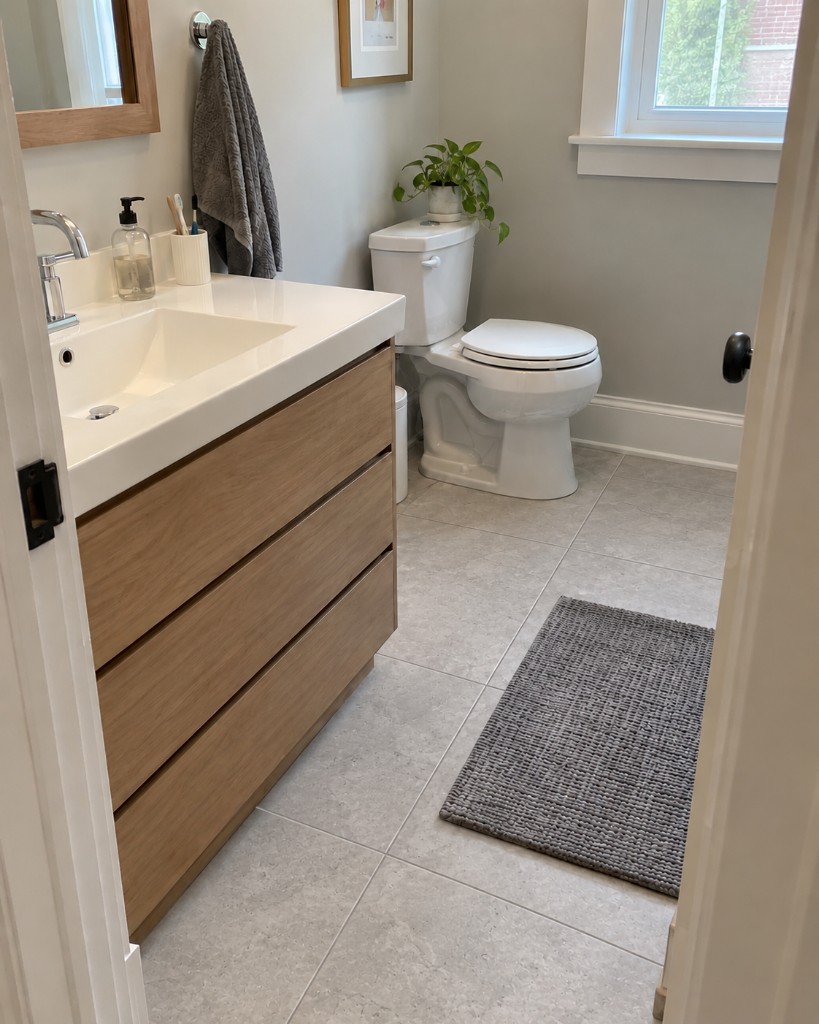Light wood vanity and toilet