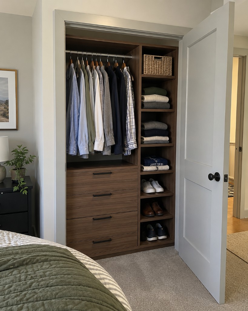 Reach-in closet with hanging clothes