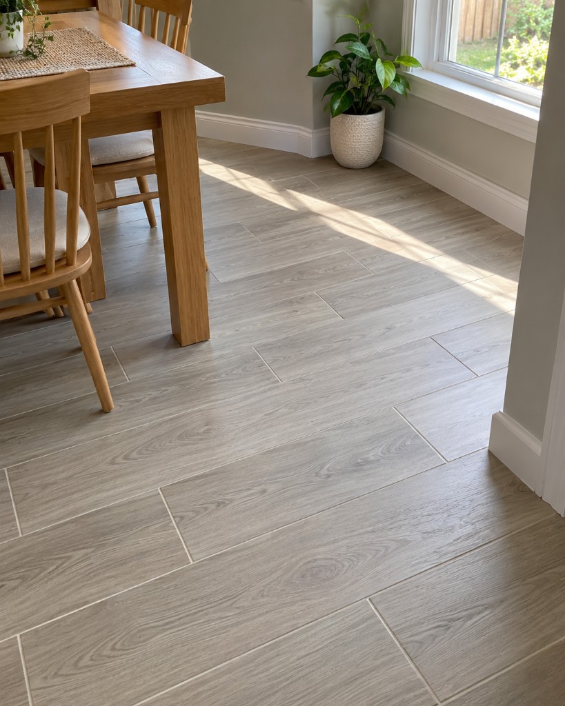 Gray wood-look floor in a dining room