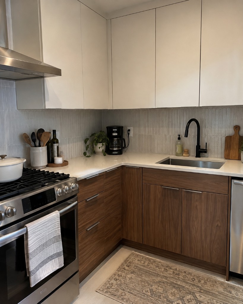 White kitchen with walnut cabinets