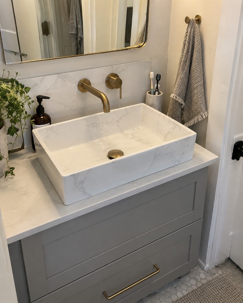 Marble vessel sink on a gray vanity