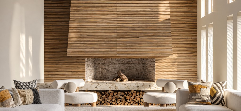Living room with wood slat fireplace