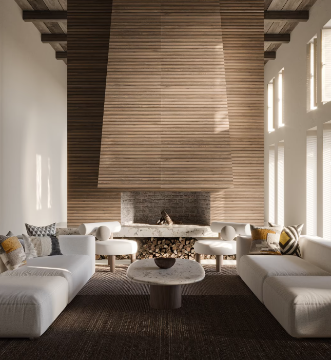 Living room with wood slat fireplace